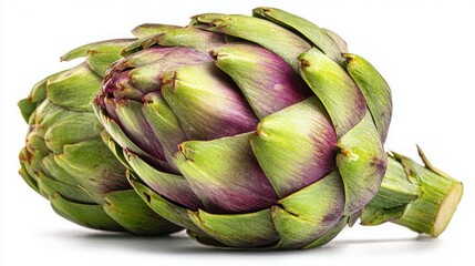 Obraz premium Fresh Green Artichokes with Purple Hues on White Background, Perfect for Culinary Uses and Food Photography