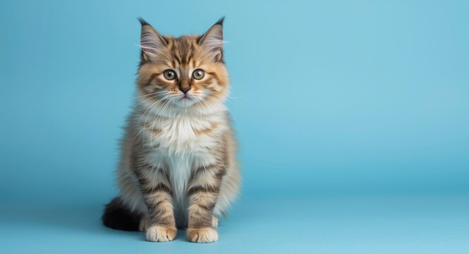 Portrait of a fluffy torbie female kitten on a clean blue colored background with copy space