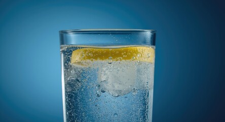 Close up of lemon slice immersed in effervescent water against a matte blue background