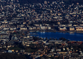 panoramic aerial view of zurich city skyline and lake zurich