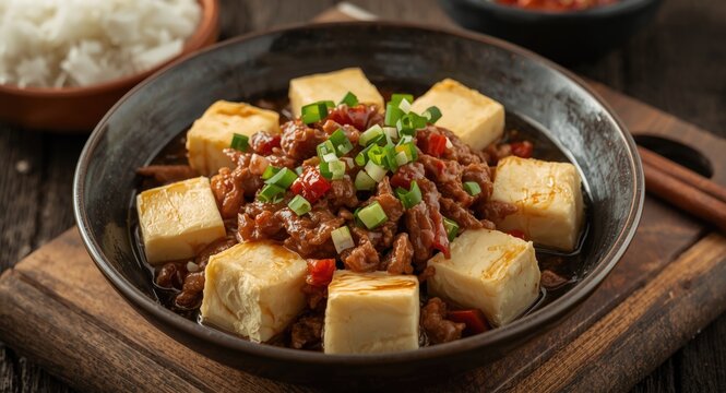 Soft tofu cooked with mince meat in traditional Mun Tahu recipe