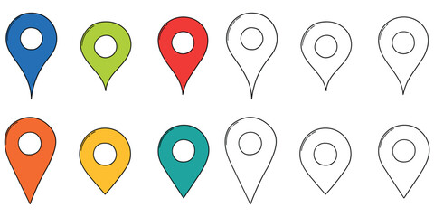 Hand-drawn cartoon and doodle set of map pin icons on a white background. © Павел Костенко