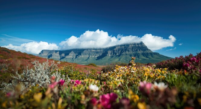 Artwork portraying a mountain highland flourishing with colorful fynbos and blossoming nature