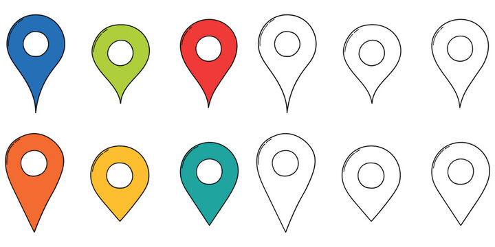Hand-drawn cartoon and doodle set of map pin icons on a white background.