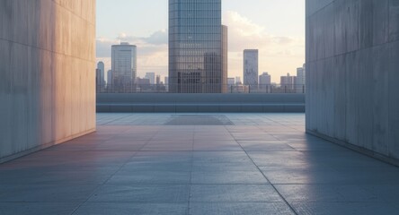 Fototapeta premium Morning light on empty cement floor with steel paving and contemporary building backdrop