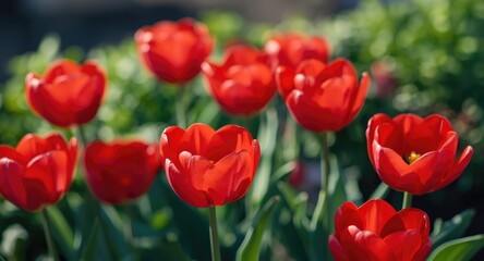 Obraz premium Close up of vibrant red tulips blooming in a flowerbed with copy space for text or design