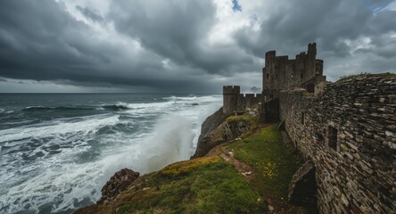 Wild storm sweeping over ocean from viewpoint of aged castle