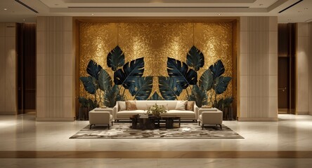 Naklejka premium Warm cinematic luxury hotel lobby with shiny textured gold wallpaper adorned with tropical leaves in abstract black and blue green colors