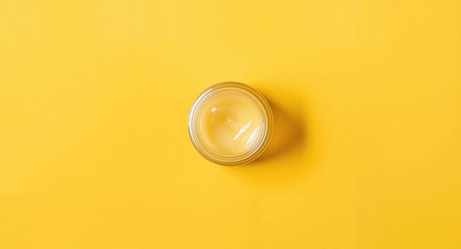 Yellow colored background with natural cosmetic cream jar viewed from above for copy space