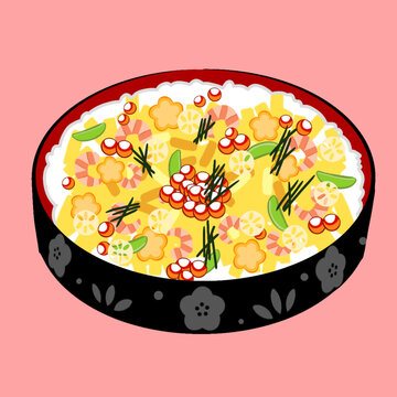 ひな祭りを彩るちらし寿司のイラストアイコン(ピンク背景)
