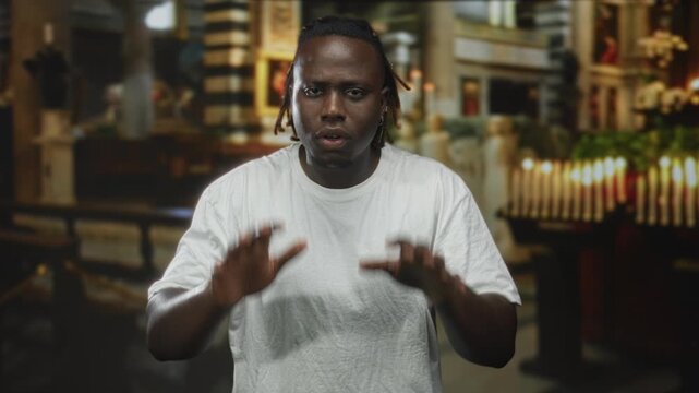 Young man with closed eyes and raised hands praying in a catholic church nave, wearing white t shirt and seated at a pew; devotion calm.