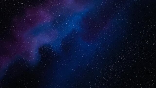 Deep space background with a starry sky and colorful blue and purple nebula clouds. Cosmic animation of the universe showing a glowing galaxy and twinkling starfield