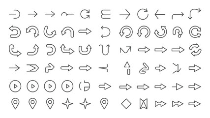 Obraz premium A comprehensive set of grey outlined arrow icons and symbols, featuring various styles like straight, curved, and circular, ideal for digital interfaces, presentations, and directional cues.