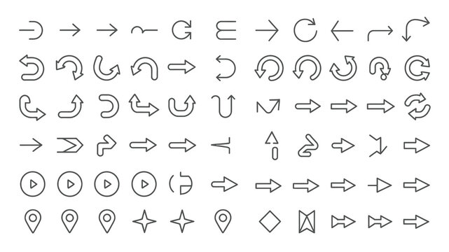 A comprehensive set of grey outlined arrow icons and symbols, featuring various styles like straight, curved, and circular, ideal for digital interfaces, presentations, and directional cues.