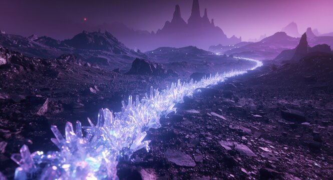 Sci fi themed alien planet featuring a bright crystal path rendered with artificial intelligence