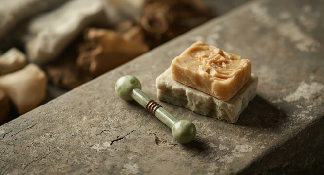 Luxurious spa atmosphere with jade roller and natural soap on textured stone