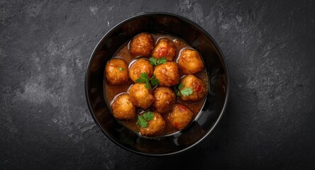Vegetarian Manchurian in black bowl with gravy on dark slate surface top view copy space included