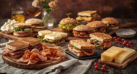 Fototapeta premium Variety of tasty sandwiches arranged on a rustic wooden table for midday meal enjoyment