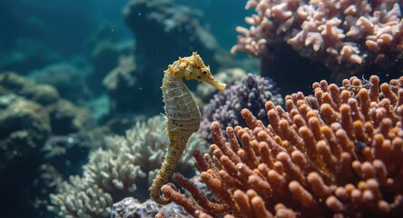 Merry seahorse exploring vibrant coral habitats in crystal clear water