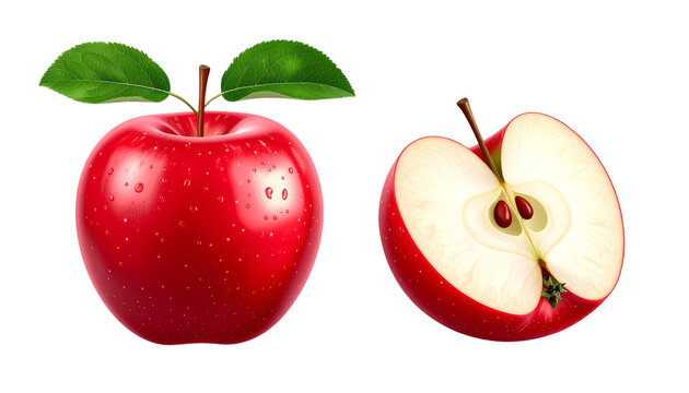 Apple isolated png. Red apple and a half with leaf on transparent background. PNG format. Red apples with no background. Full depth of field.