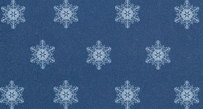 Repeated winter crystal snowflake design on blue denim fabric for holiday fabric projects