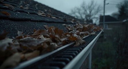 Leaves blocking metal gutter drainage on a residential roof