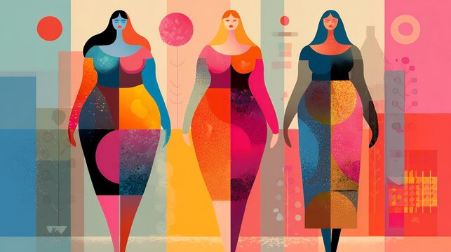 Flat illustration poster for World Obesity Day, bold abstract body silhouettes with wellness symbols, memphis accents, subtle boho textures, strong negative space