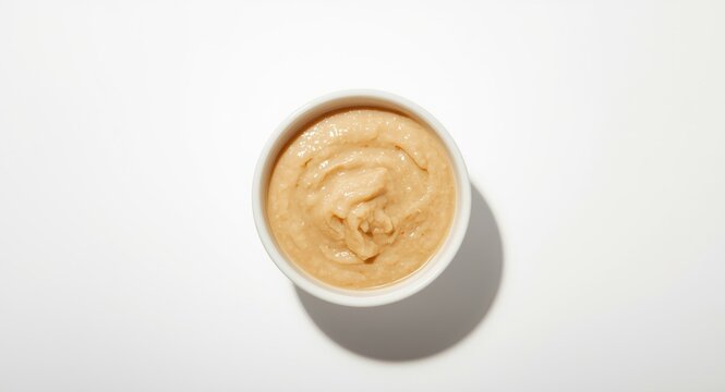 Neutral white background spotlighting a bowl of smooth porridge