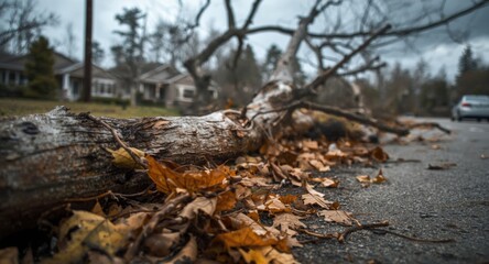 Storm damage aftermath showing broken tree limbs along residential roadside