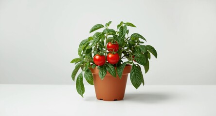 Naklejka premium Tomato plant with fresh foliage growing in pot on simple white backdrop