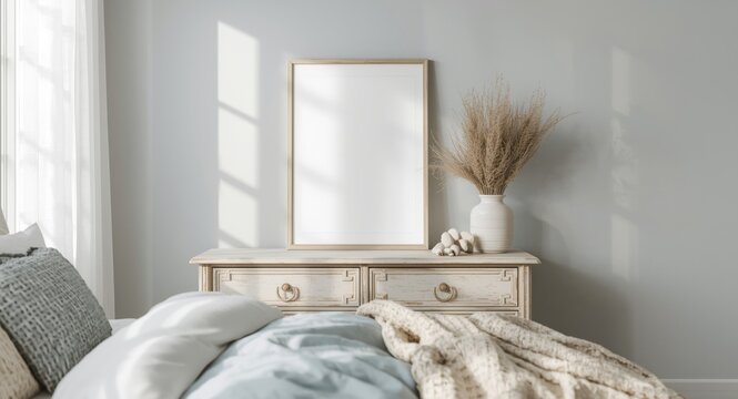 Mock up frame in bedroom decorated with ocean inspired coastal accents