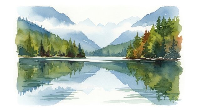 Watercolor landscape of mountains and a lake with lush green trees and reflections