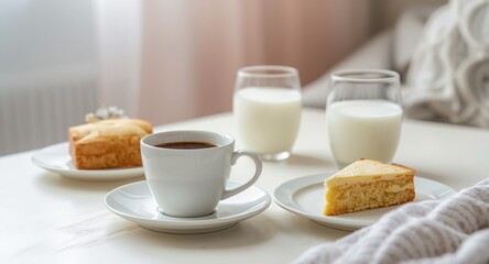 Fototapeta premium Home breakfast setup with white table coffee cup milk and a slice of bakery cake