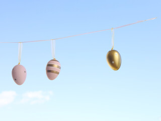 Pastel Gold Easter Eggs Hanging In Clear Sky