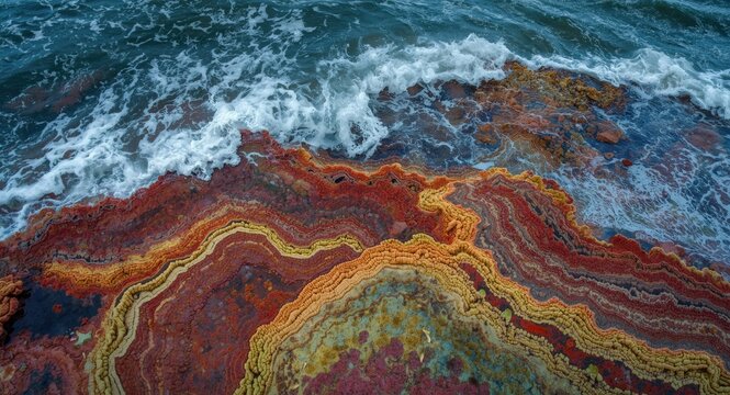 Multicolored abstract art of stromatolites featuring complex microbialite layers in a dynamic sea environment