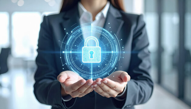 manos y cuerpo de mujer con traje azul marino sosteniendo un holograma virtual con un candado con fondo desenfocado de despacho. Concepto seguridad en internet