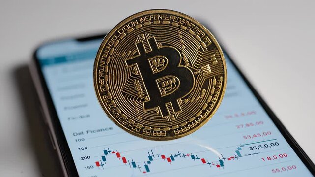 Close up of a physical golden bitcoin coin slowly spinning in front of a smartphone screen displaying a fluctuating cryptocurrency stock market chart with candlestick patterns on a white background