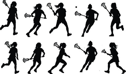 Women lacrosse player silhouettes collection, female athlete running and shooting with stick vector set isolated on light background for sports design © LITON