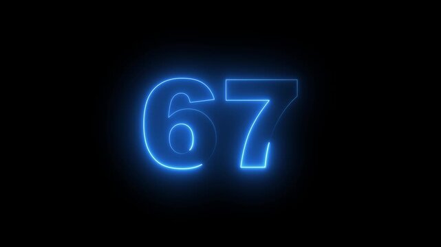 Abstract glowing neon text 67 number countdown icon. Glowing sign on black background Neon number 10090 with alpha channel, simple blue neon color