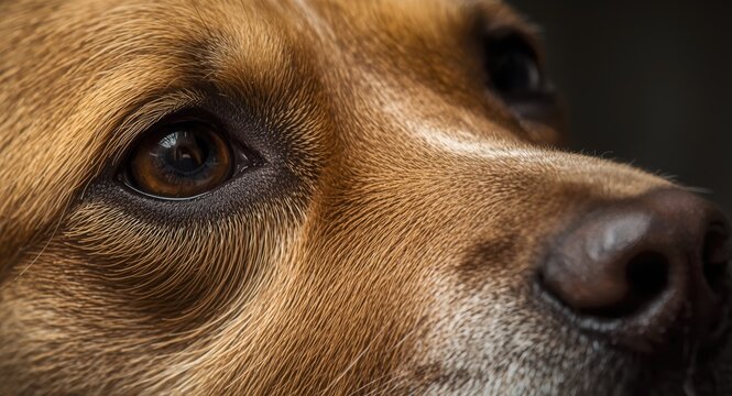 Macro detail of a dog's eye and snout showing fine whiskers and teardrop effects