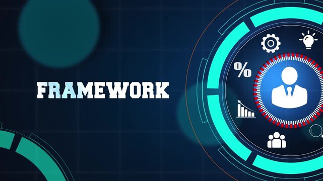 Strategic business framework and corporate management model on a high tech digital blue background with glowing icons for professional growth and success