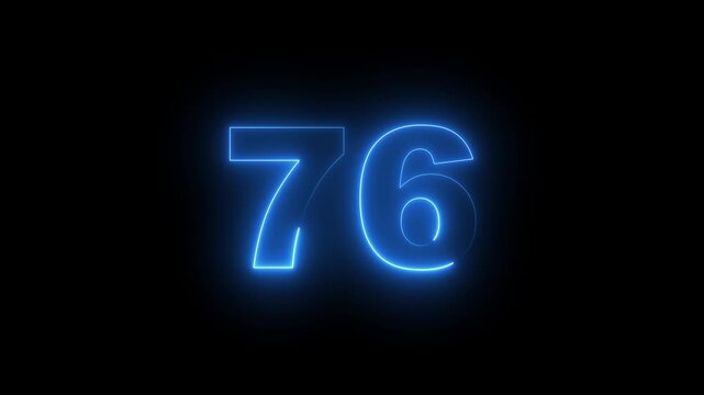 Abstract glowing neon text 76 number countdown icon. Glowing sign on black background