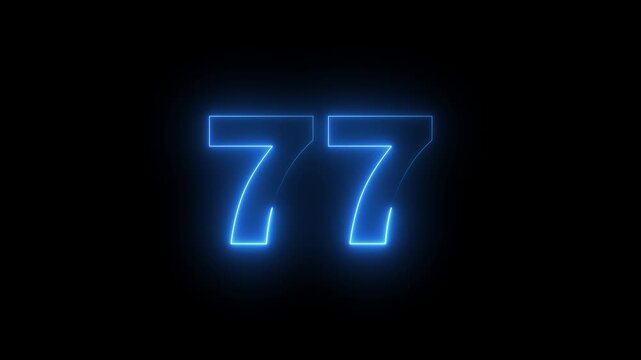 Abstract glowing neon text 77 number countdown icon. Glowing sign on black background