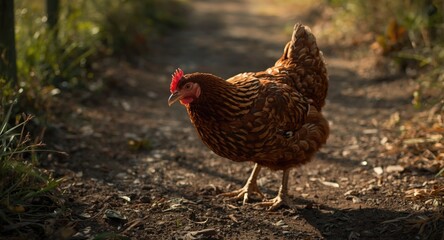 Brown hen investigating farm pathways with a curious attitude