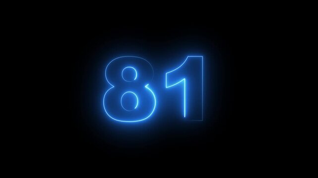 Abstract glowing neon text 81 number countdown icon. Glowing sign on black background