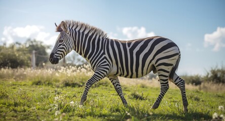 Obraz premium Gentle pet zebra leisurely walking through the soft green grass lawn on a bright summer day full length