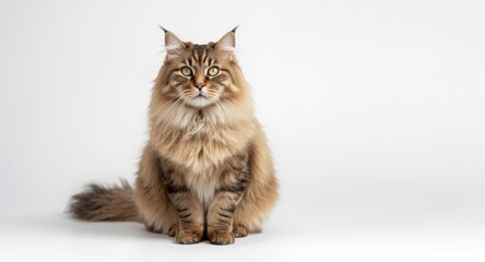 Obraz premium Serene Norwegian Forest cat positioned sitting facing camera on a white studio background