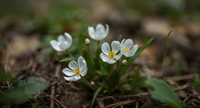 Natural macro photograph of wild winter aconite flowers in forest floor