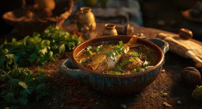 Flavorful moqueca of dogfish prepared in rustic pot with aromatic Brazilian herbs and spices