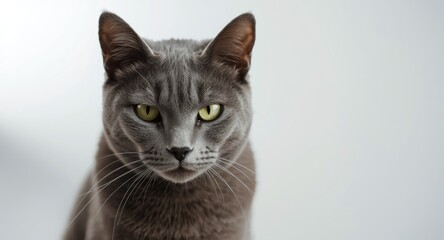 Obraz premium Solemn British cat displaying an intense look while gazing at camera on white backdrop